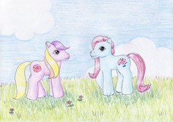 Size: 1024x721 | Tagged: safe, artist:normaleeinsane, boogie woogie, hokey pokey (g3), pony, g3, duo, traditional art