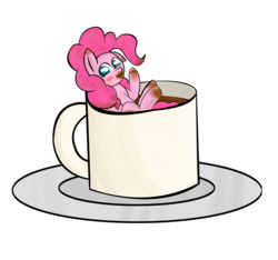 Size: 2118x1984 | Tagged: safe, artist:skyflys, pinkie pie, earth pony, pony, g4, coffee, coffee mug, colored pupils, cute, female, looking at you, mug, pinkie found the coffee, simple background, solo, tiny ponies, transparent background