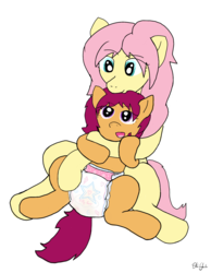 Size: 1271x1638 | Tagged: safe, artist:oliver-england, fluttershy, scootaloo, pony, g4, accident, cuddling, diaper, diaper fetish, female, fetish, filly, fluttermom, foal, hug, infantilism, non-baby in diaper, story in the comments, urine, wet diaper