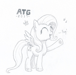 Size: 1520x1493 | Tagged: safe, artist:friendshipishorses, fluttershy, pony, g4, female, monochrome, raised hoof, solo, traditional art, yay