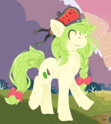 Size: 1845x2048 | Tagged: safe, artist:euspuche, oc, oc only, pony, food, hat, mountain, walking, watermelon