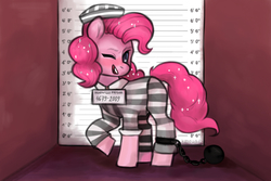 Size: 1200x800 | Tagged: safe, artist:katya-na-krovati, pinkie pie, pony, g4, ball and chain, clothes, female, hat, mugshot, one eye closed, prison outfit, prison stripes, prisoner pp, solo, wink