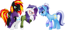 Size: 5000x2299 | Tagged: safe, artist:kruszynka25, artist:x-blackpearl-x, minuette, rarity, oc, oc:fire sky, pegasus, pony, unicorn, g4, antagonist, baddie, braces, cheerleader, clothes, conflict, exmarefriend, female, fight, glasses rarity, grease, green sweater, high school, hoofband, male, mare, messy hair, nerdity, save, smiling, stallion, sweater, younger