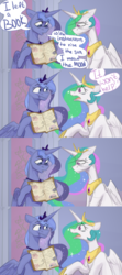 Size: 1366x3072 | Tagged: safe, artist:chibadeer, princess celestia, princess luna, alicorn, pony, g4, :t, book, comic, crying, sad