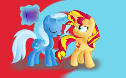 Size: 1700x1052 | Tagged: safe, artist:andromedasparkz, sunset shimmer, trixie, pony, unicorn, g4, book, magic, telekinesis