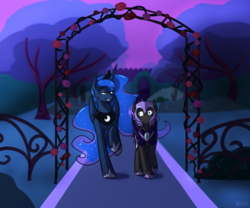 Size: 3000x2500 | Tagged: safe, artist:lrusu, princess luna, oc, bat pony, pony, g4, garden, high res, night guard, tree, walking