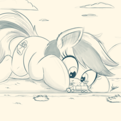 Size: 2048x2048 | Tagged: safe, artist:ncmares, oc, oc only, oc:southern belle, pony, commission, cute, female, giant pony, high res, macro, mare, monochrome, sketch, solo, tank engine, train