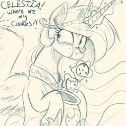 Size: 2048x2048 | Tagged: safe, artist:ncmares, princess celestia, alicorn, pony, g4, caught, commission, cookie, cookie jar, cookie thief, cute, cutelestia, eating, female, food, high res, magic, mare, monochrome, nose wrinkle, scrunchy face, sketch, solo, telekinesis, this will end in tears and/or a journey to the sun