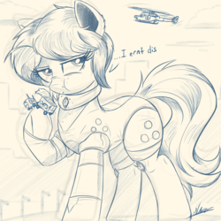 Size: 2048x2048 | Tagged: safe, artist:ncmares, oc, oc only, oc:ultramare, earth pony, pony, commission, dialogue, eating, female, food, giant pony, helicopter, herbivore, high res, macro, mare, monochrome, oats, sketch, truck