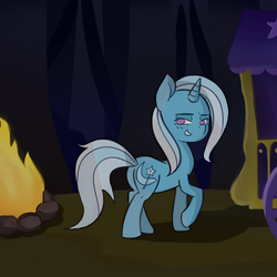 Size: 512x512 | Tagged: safe, artist:grim ponka, trixie, pony, unicorn, g4, bedroom eyes, blushing, butt, camper, campfire, female, forest, looking at you, looking back, mare, newbie artist training grounds, night, no pupils, outdoors, plot, raised hoof, smiling, smirk, solo