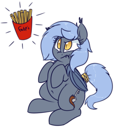 Size: 1100x1200 | Tagged: safe, artist:notenoughapples, oc, oc only, oc:panne, bat pony, pony, belly button, chubby, cute, female, food, french fries, mare, ocbetes, simple background, solo, transparent background