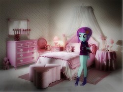 Size: 600x449 | Tagged: safe, artist:wolfywoods-17, sunny flare, equestria girls, g4, bed, bedroom, boyshorts, clothes, panties, pink room, purple underwear, room, socks, underwear