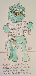 Size: 600x1267 | Tagged: safe, artist:rapidsnap, lyra heartstrings, pony, unicorn, equestria daily, g4, atg 2017, bipedal, looking at you, newbie artist training grounds, sign, standing, traditional art