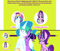 Size: 1278x1072 | Tagged: safe, artist:dragonpone, derpibooru exclusive, princess celestia, starlight glimmer, twilight sparkle, alicorn, pony, unicorn, g4, :t, angry, bff, cheek fluff, chest fluff, discovery family, discussion in the comments, ear fluff, equal cutie mark, eyes closed, friendship fridays, happy, hug, poll, simple background, sitting, smiling, tongue out, transparent background, twilight sparkle (alicorn), voting, winghug