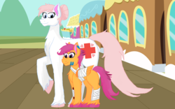 Size: 6000x3750 | Tagged: safe, artist:cornerverse, nurse redheart, scootaloo, earth pony, pegasus, pony, g4, absurd resolution, bandage, female, filly, implied child abuse, injured, injured wing, mare, mother and daughter