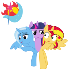 Size: 2000x2000 | Tagged: safe, artist:mlpconjoinment, sunset shimmer, trixie, twilight sparkle, alicorn, pony, g4, conjoined, counterparts, female, fusion, high res, magical trio, multiple heads, simple background, three heads, three-headed pony, transparent background, twilight's counterparts, what has science done