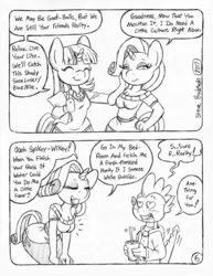 Size: 849x1100 | Tagged: safe, artist:circe, rarity, spike, twilight sparkle, dragon, anthro, comic:soreloser, g4, black and white, breasts, comic, grayscale, monochrome, tail, tailboner, traditional art