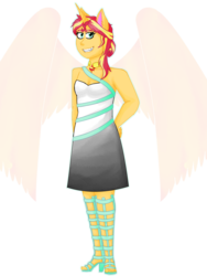 Size: 2448x3264 | Tagged: safe, artist:cornerverse, sunset shimmer, anthro, g4, clothes, dress, female, gala dress, high res, phantom wings, simple background, solo, transparent background