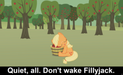 Size: 1600x973 | Tagged: safe, artist:agrol, applejack, earth pony, pony, when you're a filly, g4, animated at source, apple, apple tree, caption, cs captions, cute, daaaaaaaaaaaw, female, filly, foal, food, jackabetes, sleeping, sweet apple acres, tree, youtube link