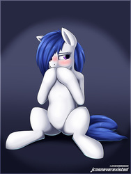 Size: 600x800 | Tagged: safe, artist:jcosneverexisted, oc, oc only, oc:sirius dreams, pony, blushing, female, shy, sitting, solo