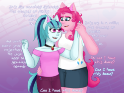 Size: 3264x2448 | Tagged: safe, artist:cornerverse, pinkie pie, sonata dusk, g4, dancing, female, high res, high school musical, lesbian, lyrics, ship:pinata, shipping, song reference, text