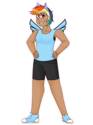 Size: 4869x6528 | Tagged: safe, artist:cornerverse, rainbow dash, human, g4, absurd resolution, alternate hairstyle, artificial wings, augmented, clothes, converse, dark skin, eared humanization, female, humanized, magic, magic wings, shoes, shorts, simple background, solo, transparent background, winged humanization, wings