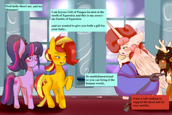 Size: 1200x800 | Tagged: safe, artist:darkageequestia, sci-twi, sunset shimmer, twilight sparkle, oc, oc:enabts, oc:joyous gift, pony, unicorn, series:sciset diary, g4, crossover, dark age equestria, equestria girls ponified, female, implied magical lesbian spawn, implied pregnancy, lesbian, magical lesbian spawn, offspring, ship:sci-twishimmer, ship:sunsetsparkle, shipping, stroller, unicorn sci-twi