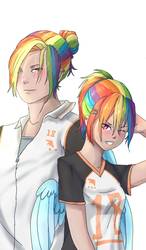 Size: 750x1280 | Tagged: safe, artist:161141, rainbow dash, human, g4, clothes, duo, humanized, multicolored hair, rainbow blitz, rule 63, shirt, simple background, winged humanization, wings