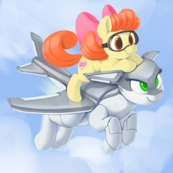 Size: 3000x3000 | Tagged: safe, artist:dimfann, apple bloom, oc, oc:ruffle, earth pony, original species, plane pony, pony, g4, :t, bow, cloud, cute, duo, f-4 phantom ii, female, filly, flying, gift art, glare, goggles, hair bow, high res, jet, jet fighter, jet plane, leaning, plane, ponies riding ponies, riding, sky, smiling, smirk