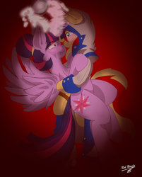 Size: 1024x1272 | Tagged: safe, artist:shard-of-life, sunset shimmer, twilight sparkle, alicorn, pony, g4, alternate universe, assassin's creed, blushing, blushing profusely, crossover, ezio auditore, female, lesbian, looking at each other, ship:sunsetsparkle, shipping, twilight sparkle (alicorn)