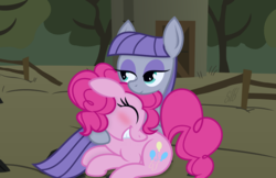 Size: 2304x1490 | Tagged: safe, artist:ponygoggles, artist:slb94, maud pie, pinkie pie, earth pony, pony, g4, blushing, cuddling, hug, smiling, when she smiles