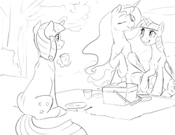 Size: 3300x2550 | Tagged: safe, artist:silfoe, princess luna, twilight sparkle, twilight velvet, alicorn, pony, unicorn, royal sketchbook, g4, basket, cup, eyes closed, female, grayscale, high res, lesbian, mare, monochrome, mother and daughter, picnic, ship:twiluna, shipping, sketch, smiling, tongue out, tree, trio, twilight sparkle (alicorn)