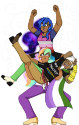 Size: 5952x9504 | Tagged: safe, artist:cornerverse, discord, princess celestia, princess luna, human, g4, absurd resolution, carrying, cheering, dark skin, draw the squad, family bonding, female, galaxy mane, genderqueer, genderqueer pride flag, humanized, lesbian, lesbian pride flag, pansexual, pansexual pride flag, pride, pride flag, pride month, simple background, transparent background