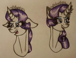 Size: 2480x1914 | Tagged: safe, artist:raritylover152, rarity, pony, unicorn, g4, bust, curved horn, disgusted, duality, ears back, female, horn, mare, simple background, smiling, snorting, solo, sternocleidomastoid, traditional art