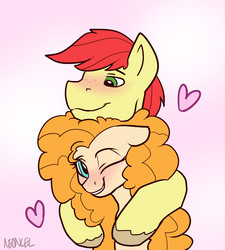 Size: 900x1000 | Tagged: safe, artist:neoncel, bright mac, pear butter, earth pony, pony, g4, the perfect pear, blushing, female, grin, heart, hug, male, one eye closed, ship:brightbutter, shipping, signature, smiling, straight