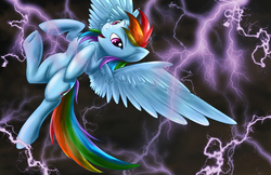 Size: 5100x3300 | Tagged: safe, artist:spiritofthwwolf, rainbow dash, pegasus, pony, g4, absurd resolution, female, flying, lightning, mare, open mouth, solo