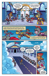Size: 597x918 | Tagged: safe, artist:brenda hickey, idw, official comic, captain ironhead, flash magnus, grimhoof, pegasus, pony, g4, legends of magic #4, my little pony: legends of magic, spoiler:comic, armor, beard, cloud, comic, facial hair, female, helmet, male, mare, preview, royal legion, runway, stallion