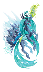 Size: 865x1429 | Tagged: safe, artist:justasuta, queen chrysalis, changeling, changeling queen, g4, crown, fangs, female, glowing horn, horn, jewelry, quadrupedal, regalia, simple background, tongue out, white background