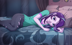 Size: 1280x800 | Tagged: safe, artist:uotapo, idw, starlight glimmer, human, equestria girls, equestria girls specials, g4, legends of magic #4, my little pony equestria girls: mirror magic, my little pony: legends of magic, bed, clothes, colored pupils, cute, female, glimmerbetes, looking at you, lying down, on side, pants, shirt, signature, smiling, solo, uotapo is trying to murder us, wallpaper