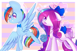 Size: 1024x683 | Tagged: safe, artist:twily-star, rainbow dash, oc, oc:magical melody, pony, unicorn, g4, bow, bowtie, female, hair bow, mare, tail bow, watermark