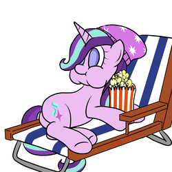 Size: 1000x1000 | Tagged: safe, artist:bennimarru, starlight glimmer, pony, g4, alternate hairstyle, beanie, butt, chair, chubby cheeks, female, flat colors, food, hat, plot, popcorn, solo