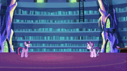 Size: 480x270 | Tagged: safe, edit, screencap, starlight glimmer, twilight sparkle, alicorn, pony, unicorn, every little thing she does, animated, barrier, blast, book, bookshelf, caption, crystal, cute, deflecting, door, duo, explosion, eyes closed, female, fight, floppy ears, flying, force field, gif, grin, gritted teeth, ladder, levitation, magic, magic beam, magic blast, paper, self-levitation, shield, shock wave, smiling, smirk, smug, spell, squint, table, telekinesis, text, training, twilight sparkle (alicorn), twilight's castle library, wince