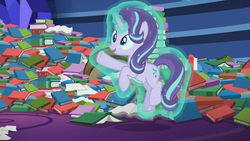 Size: 1920x1080 | Tagged: safe, screencap, starlight glimmer, pony, unicorn, every little thing she does, g4, book, bookshelf, crystal, cute, female, levitation, magic, mare, paper, self-levitation, smiling, solo, spell, telekinesis, training, twilight's castle library