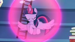 Size: 1920x1080 | Tagged: safe, screencap, twilight sparkle, alicorn, pony, every little thing she does, g4, season 6, barrier, book, bookshelf, crystal, cute, eyes closed, female, flying, force field, ladder, magic, mare, shield, solo, spell, training, twilight sparkle (alicorn), twilight's castle library