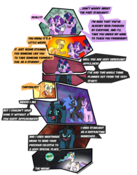 Size: 1747x2233 | Tagged: safe, artist:sneshpone, applejack, nightmare moon, princess celestia, queen chrysalis, starlight glimmer, twilight sparkle, alicorn, changeling, pony, g4, the cutie re-mark, bad end, comic, moon, simple background, the bad guy wins, transparent background