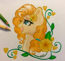 Size: 3184x2962 | Tagged: safe, artist:emberslament, pear butter, earth pony, pony, g4, the perfect pear, bust, colored pencils, female, flower, high res, mare, pencil, photo, portrait, solo, traditional art