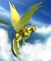 Size: 2375x2850 | Tagged: safe, artist:mykegreywolf, oc, oc only, oc:electuroo, pegasus, pony, clothes, cloud, commission, flying, high res, looking back, male, smiling, solo, stallion