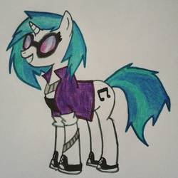 Size: 1152x1152 | Tagged: safe, artist:allychan21, dj pon-3, vinyl scratch, pony, unicorn, g4, clothes, female, jacket, mare, shoes, solo, tank top, traditional art