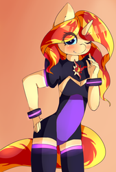 Size: 1656x2445 | Tagged: safe, artist:fluffleduckle, sunset shimmer, unicorn, anthro, g4, clothes, female, magical girl, simple background, solo