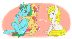 Size: 1400x750 | Tagged: safe, artist:dramapersona, oc, oc only, oc:eve, oc:puddin cake, oc:sollace, pony, unicorn, :t, cute, frog (hoof), simple background, trio, underhoof